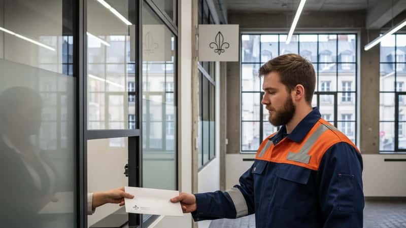 Young Alaskan worker receiving final pay envelope from HR coordinator at company window
