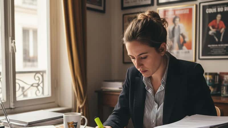 Technicienne de production dans un bureau parisien du spectacle vivant examinant une grille salariale conventionnelle