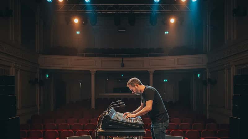 Technicien son en train de régler les équipements audio sur la scène d'une salle de concert privée à Lyon lors d'une balance
