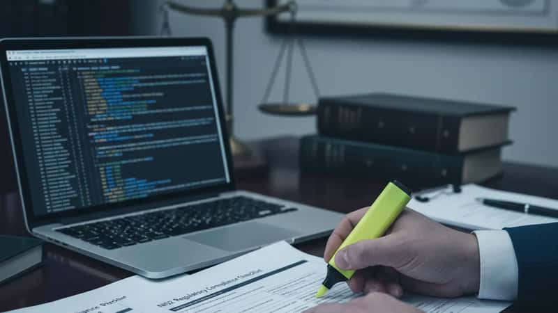 A professional's hands highlighting NIS2 compliance checklist items on printed regulatory documents beside an open laptop in a Dublin law firm