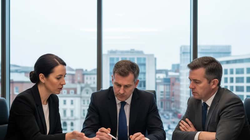 Three professionals in business attire discussing cybersecurity compliance policy documents in a Dublin corporate boardroom, overcast daylight from large windows
