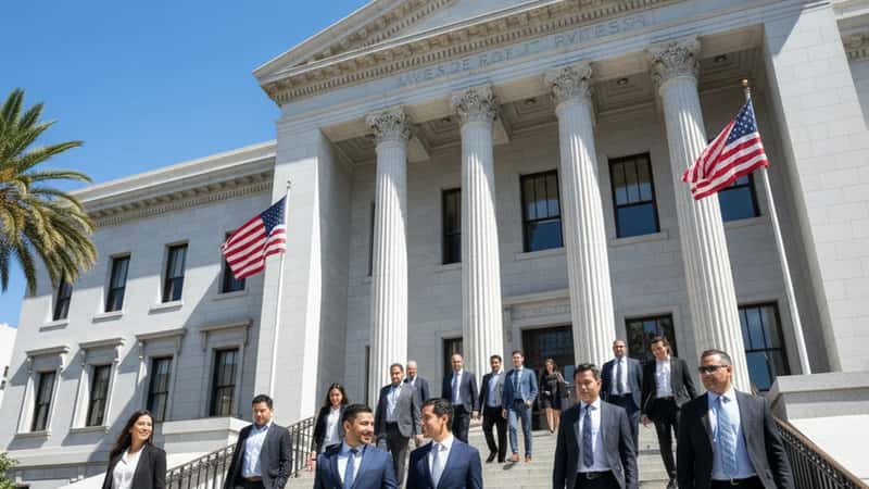 Pareja latina subiendo los escalones de un juzgado en Los Ángeles, fachada con banderas americanas, ambiente soleado y cívico