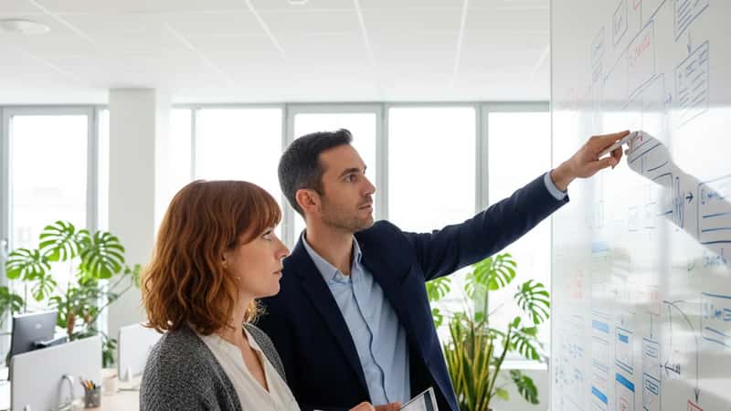Deux professionnels discutant devant un whiteboard avec des diagrammes d'architecture web