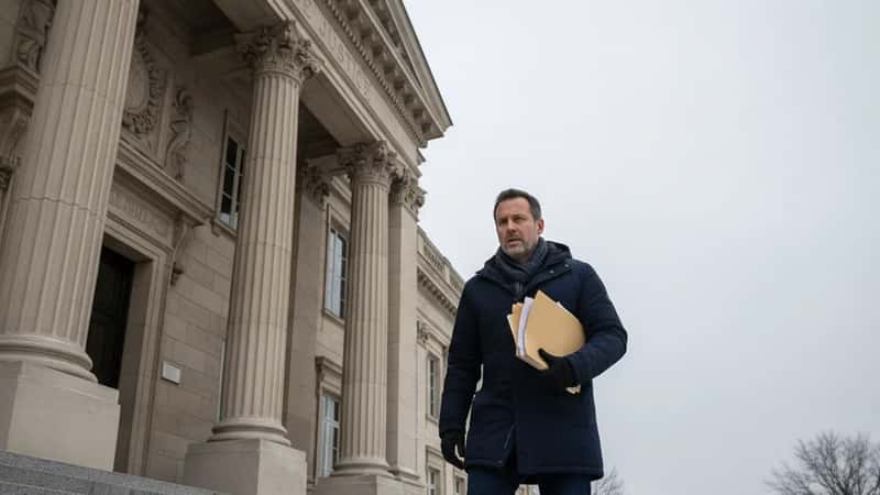 A worker in a winter coat ascending state government building steps in Grand Forks, North Dakota, holding employment documents, overcast sky