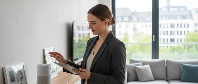 Frau testet ein Smart-Home-System mit Tablet in einer modernen deutschen Wohnung