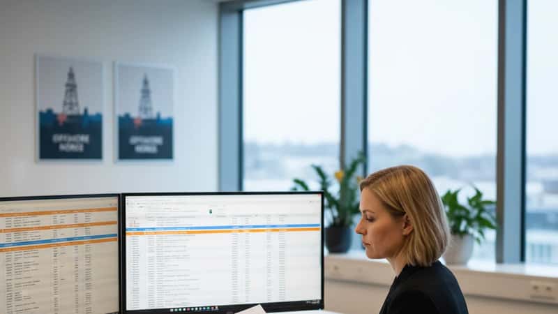 HR-spesialist i offshore-serviceselskap gjennomgår Oljeserviceavtalen OSA 357 på arbeidsplassen i Stavanger