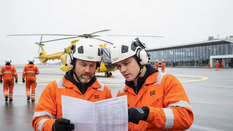 Offshoretekniker og kollega studerer lønnstabellen fra OSA 357 ved Sola heliport i Stavanger
