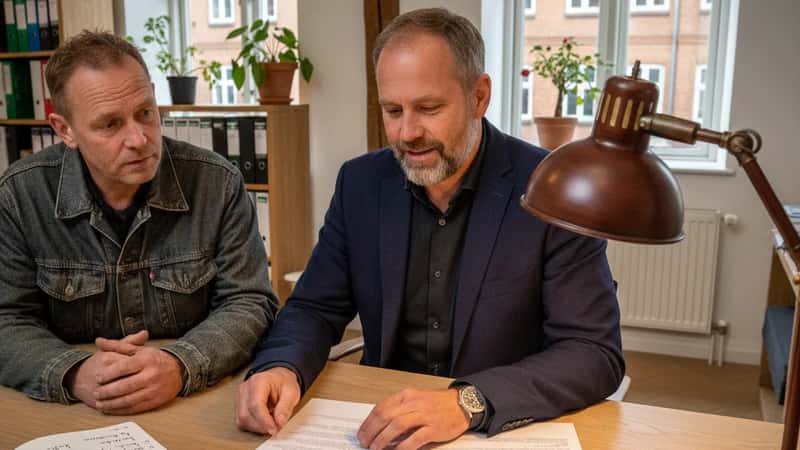 Dansk 3F-tillidsmand i Aarhus gennemgår opsigelsesdokumenter med bygningsarbejder ved mødebordslampe