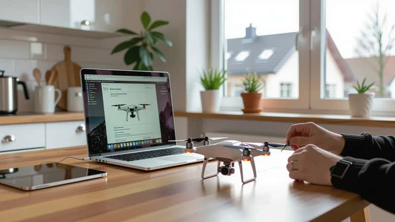 Händer som klistrar operatörs-ID-klistermärke på undersidan av en vit konsumentdrönare på ett köksbord i Göteborg, med laptop i bakgrunden
