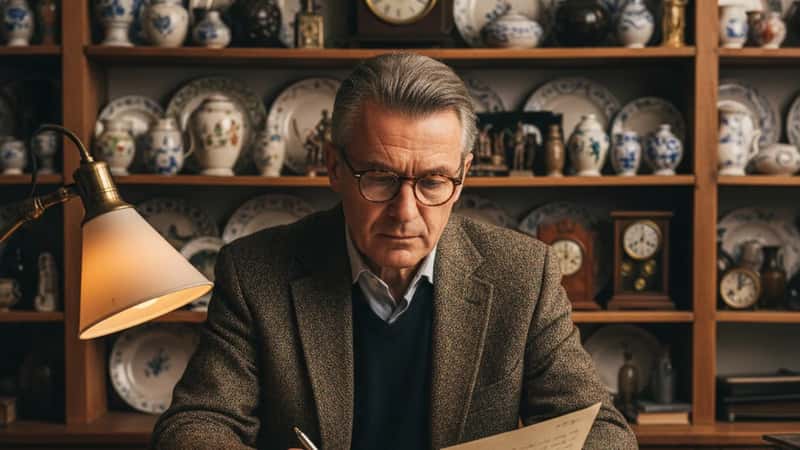 Antiquaire lyonnais examinant un contrat de travail dans sa boutique de brocante