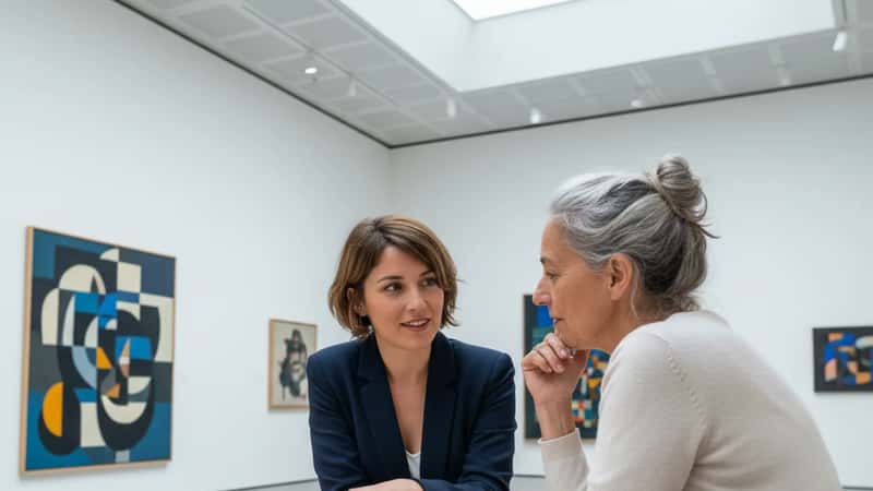 Deux salariées d'une galerie d'art à Bordeaux discutant d'un document salarial