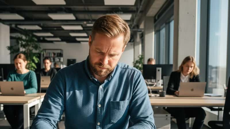 Suomalainen mies tarkistaa joustotyösopimusta Tampereen avotoimistossa, luonnonvalo