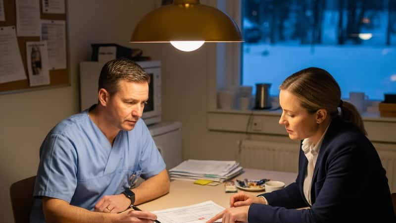 Sykepleier og tillitsvalgt gjennomgår vaktplan på sykehus i Tromsø