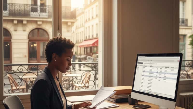 HR manager reviewing employee separation paperwork in an Oklahoma City office, warm afternoon light, payroll software visible on monitor