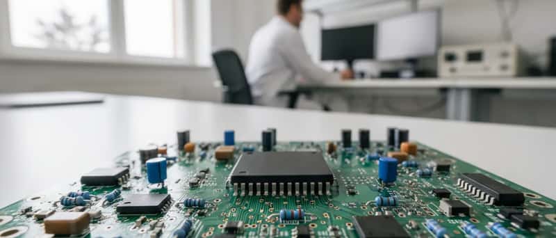 Composants électroniques montés sur un circuit imprimé dans un laboratoire d'électronique