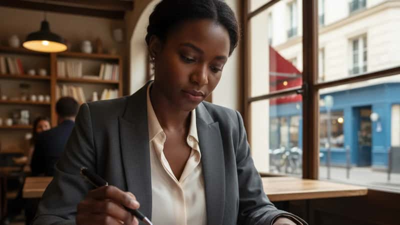 Professional reviewing employment contract and non-compete clause at café table in Wilmington Delaware