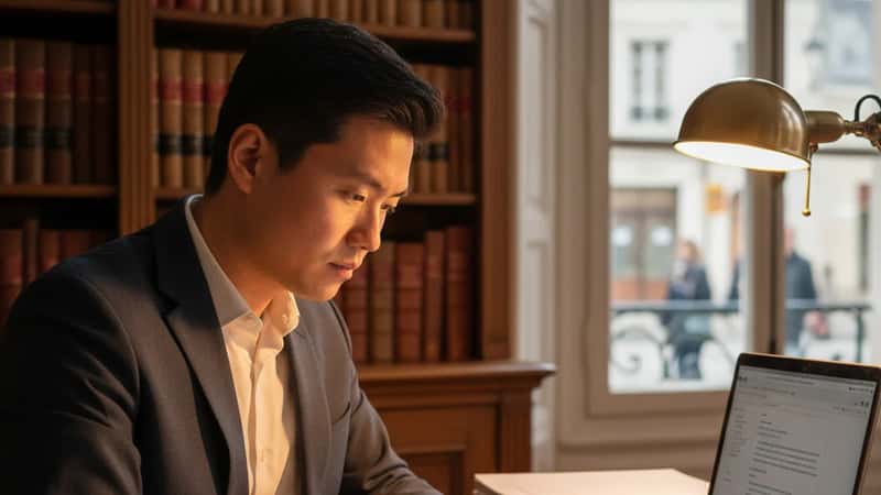 Software professional annotating employment contracts on laptop at home office reviewing non-compete terms