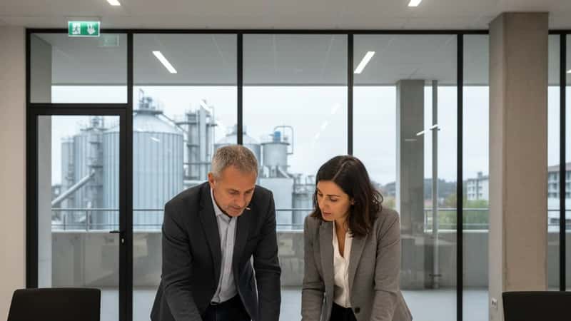 Directeur de site et avocate droit social examinant une grille salariale dans un bureau industriel à Grenoble
