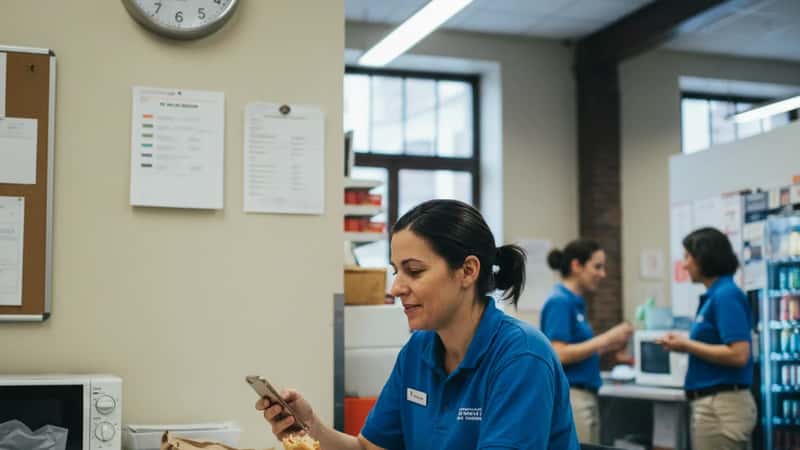 Portland Oregon retail worker taking a 30-minute duty-free meal break in a store break room