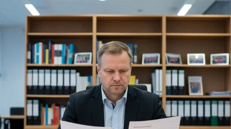 Tamperelainen rehtori vertailee työsopimuksia toimistossaan loisteputkivalaistu tila taustalla