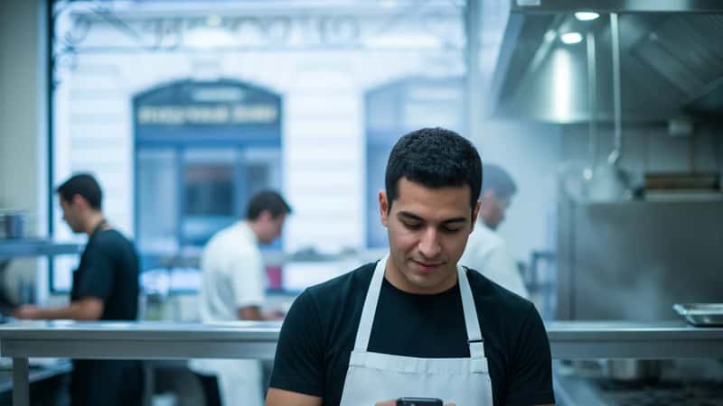 Kansas restaurant worker taking a brief break in the kitchen during a long work shift in Wichita