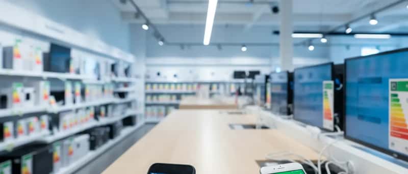 Hænder sammenligner to smartphones side om side på en disk i en dansk elektronikbutik