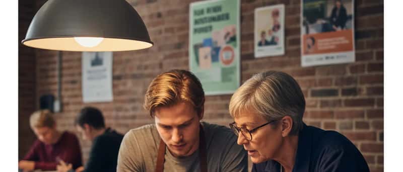 Frivillige i en dansk reparationscafé undersøger indersiden af en tablet ved et arbejdsbord