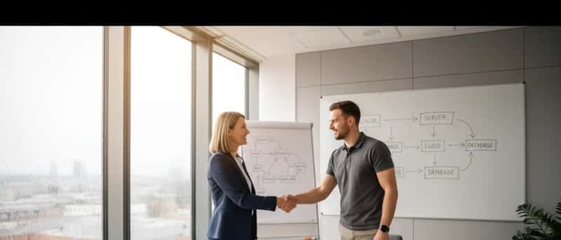 Zwei Fachleute beim Vertragsabschluss für IT-Support in einem deutschen Besprechungsraum