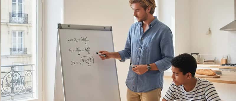 Young Australian tutor explaining maths on a whiteboard to a teenage student in a bright suburban living room