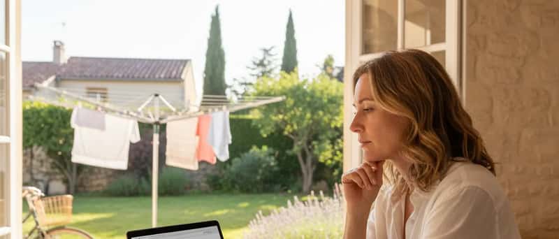 Australian parent at a kitchen bench browsing tutor profiles on a laptop with morning light through the window