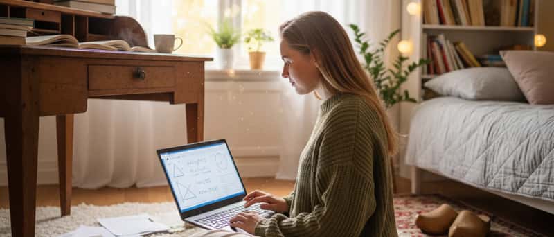 Leerling volgt online bijles wiskunde via een laptop in een gezellige studeerkamer