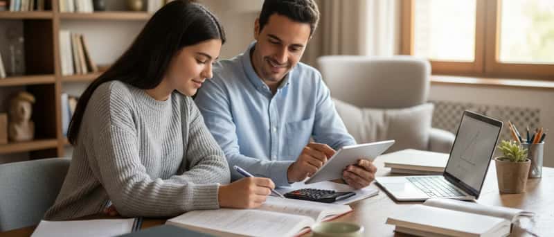 Studente e tutor che lavorano insieme su problemi di matematica con libri e laptop su una scrivania