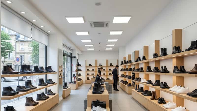 Intérieur d'une boutique de chaussures moderne en France avec rayonnages en bois