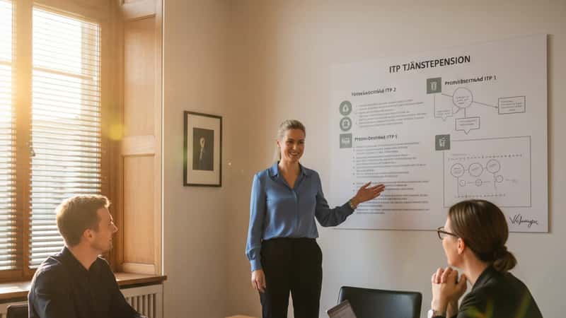 HR-chef förklarar ITP-pensionsplan på en tavla för medarbetare i ett Göteborgs-teknikföretags mötesrum, gyllene eftermiddagsljus