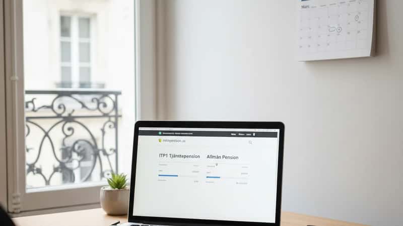 Pensionsöversikt på minpension.se på laptop med ITP1 och allmän pension, miniräknare och anteckningar bredvid, planeringsscen
