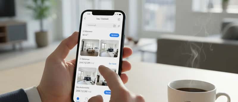Smartphone med dansk boligportal der viser ledige lejeboliger uden venteliste