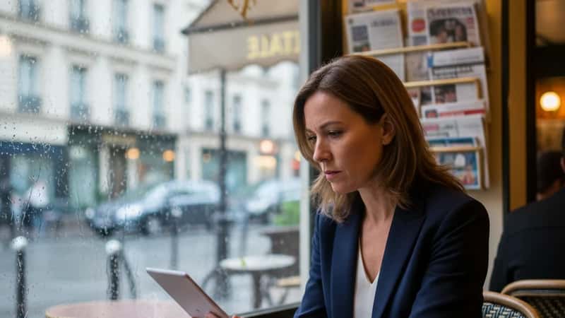 Suomalainen nainen arvioi tekoälyn tuottamaa tekstiä tabletilta helsinkiläisessä kahvilassa