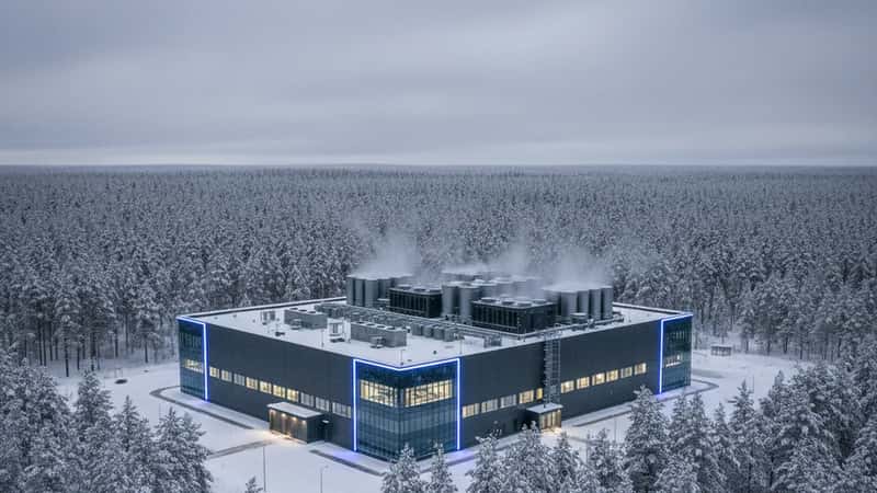 Suomalainen konesalirakennus mäntymetsän ympäröimänä hämärässä valaistuksessa Suomessa