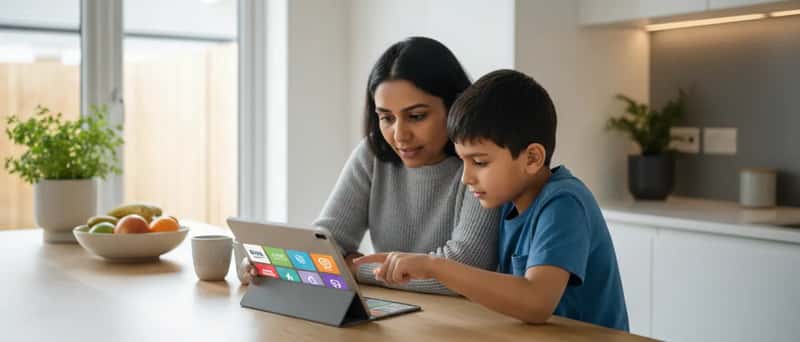 Parent and child reviewing online tutoring platforms on a tablet at a kitchen table