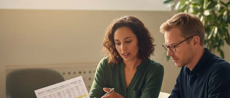 Mãos segurando tabela comparativa de planos de saúde ao lado de calculadora e café