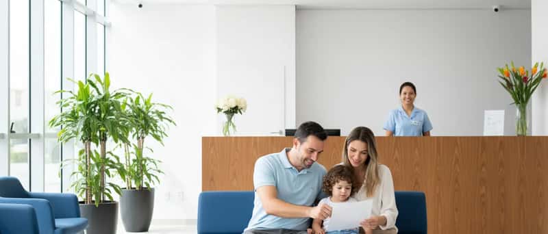 Família brasileira revisando documentos na sala de espera de clínica de saúde em Curitiba