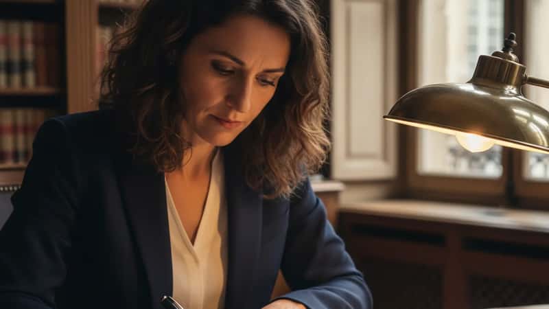 Femme française signant des documents de divorce international chez un notaire à Bordeaux, passeport étranger et actes légaux visibles sur le bureau