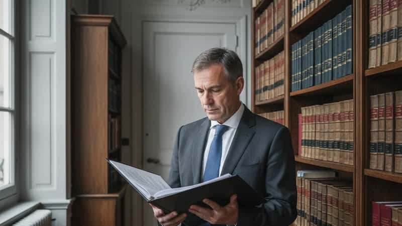 Avocat spécialisé en droit international privé consultant un dossier dans son cabinet à Lyon, bibliothèque juridique en arrière-plan