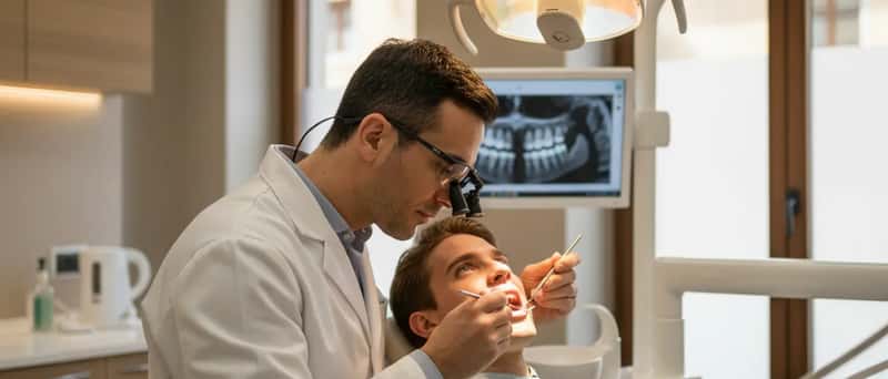 Dentista italiano che esamina un paziente su una poltrona odontoiatrica moderna con luce clinica accesa