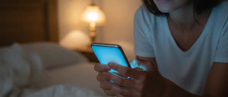 Donna italiana che chiama il dentista di notte dal letto con lo smartphone in mano