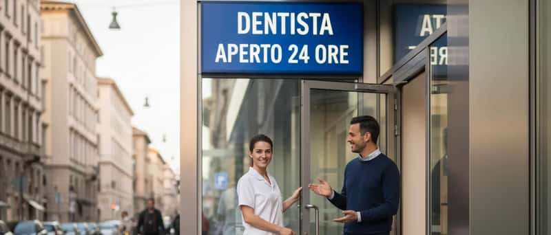 Facciata di una clinica odontoiatrica italiana aperta di notte con luce calda che filtra dalle vetrine