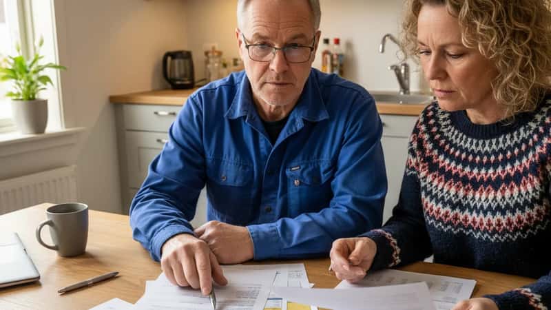Matindustriektepar i Fredrikstad planlegger pensjon ved kjøkkenbordet med AFP-dokumenter