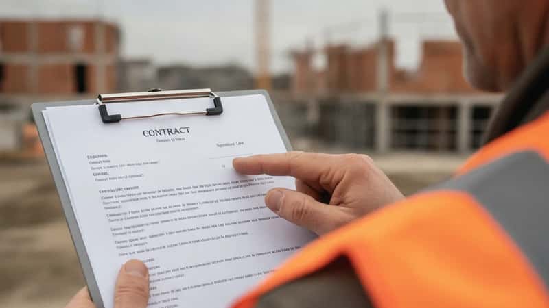 Client final et entrepreneur examinant un contrat de sous-traitance sur un chantier à Toulouse, lumière naturelle, site de construction avec échafaudages