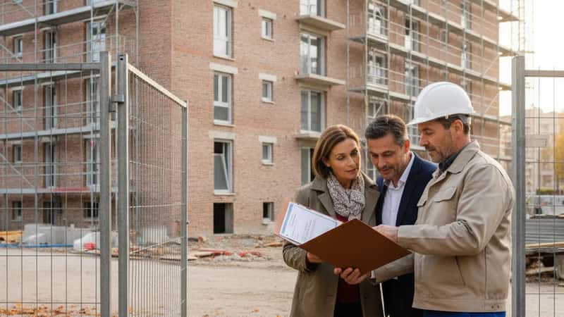 Entrepreneur en bâtiment remettant un dossier de certificats d'assurance à un couple de propriétaires à Lyon, lumière d'automne, site de rénovation en arrière-plan
