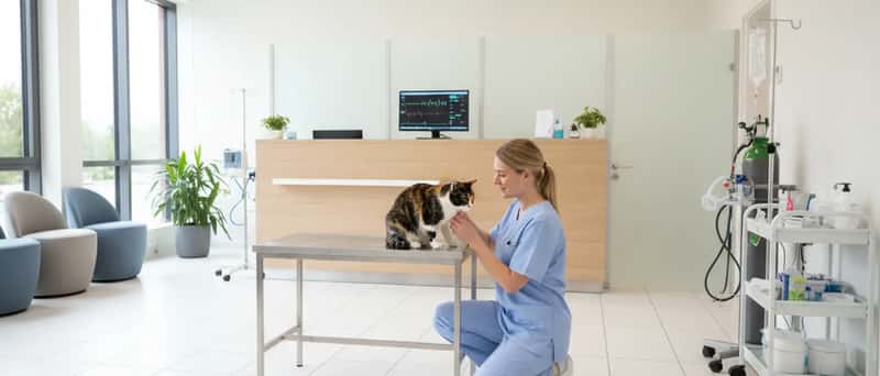 Djursjukskötare undersöker en katt vid triageplats på ett modernt svenskt djursjukhus
